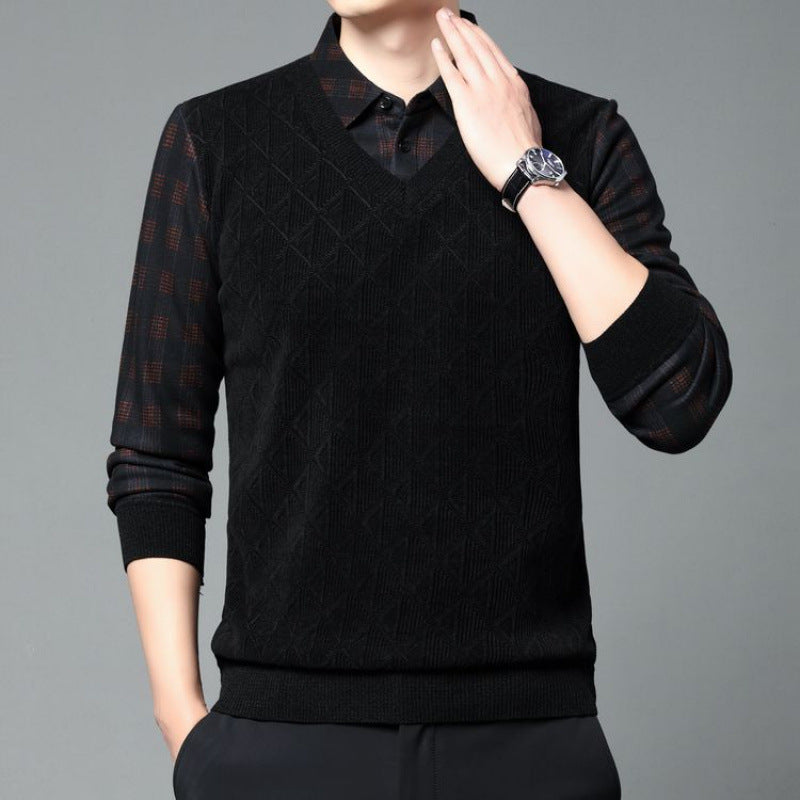 Knitted V-Neck Sweater with Built-In Plaid Shirt