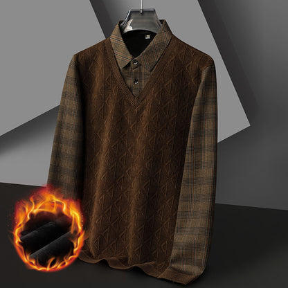 Knitted V-Neck Sweater with Built-In Plaid Shirt