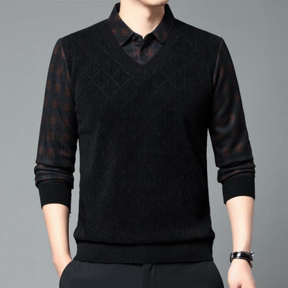 Knitted V-Neck Sweater with Built-In Plaid Shirt