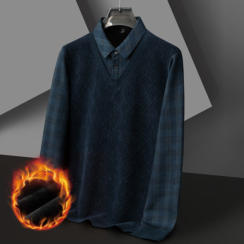 Knitted V-Neck Sweater with Built-In Plaid Shirt