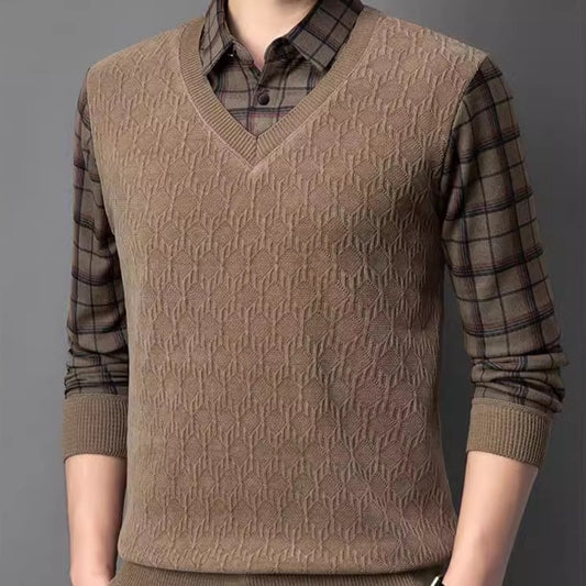 Knitted V-Neck Sweater with Plaid Shirt